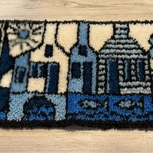 Vintage Mid Century Modern Handmade Village Blues & White Latch Hook Rug